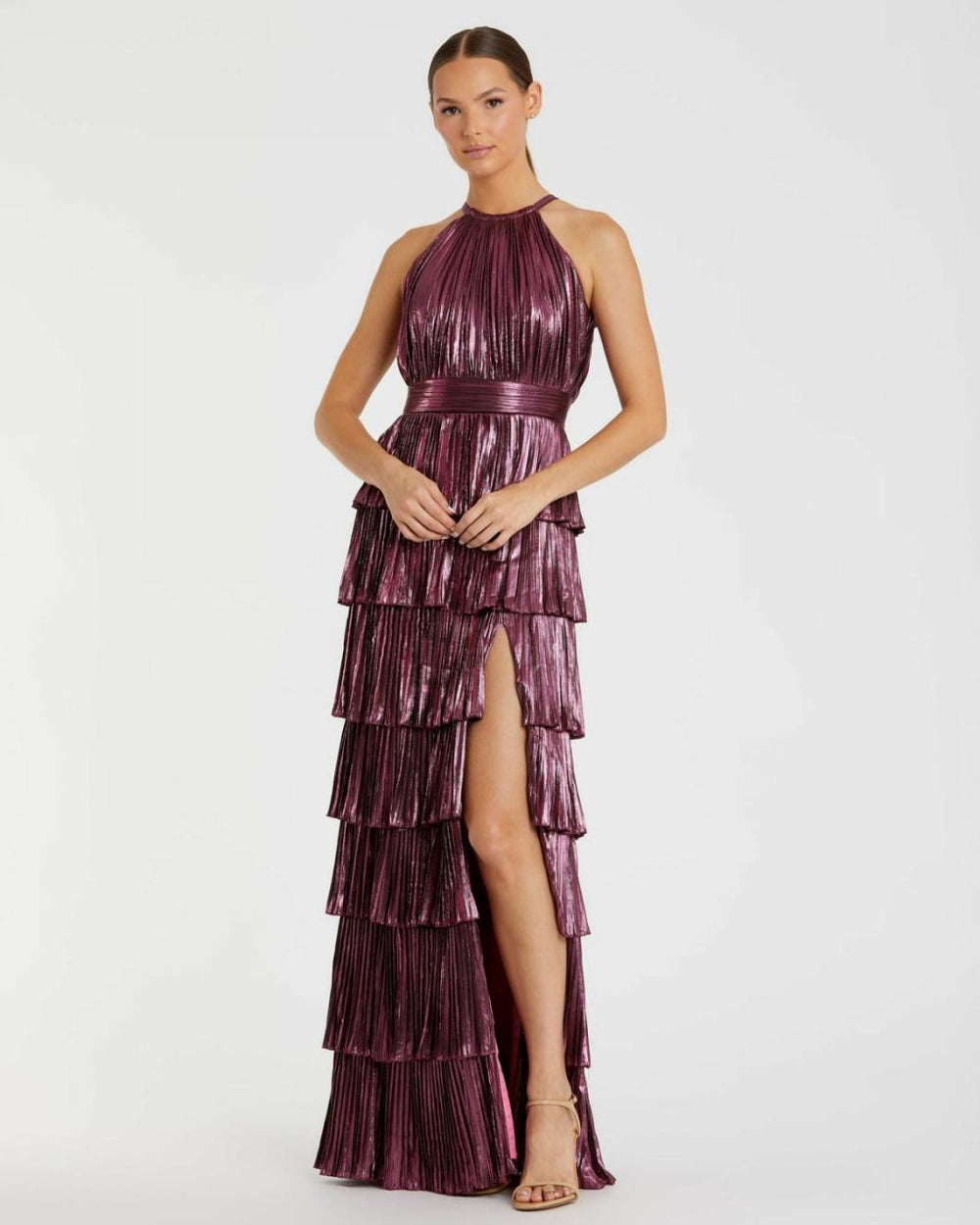 Evening Gowns | Women Mac Duggal High Neck Heat Pleated Tiered Ruffle Metallic Dress Rose