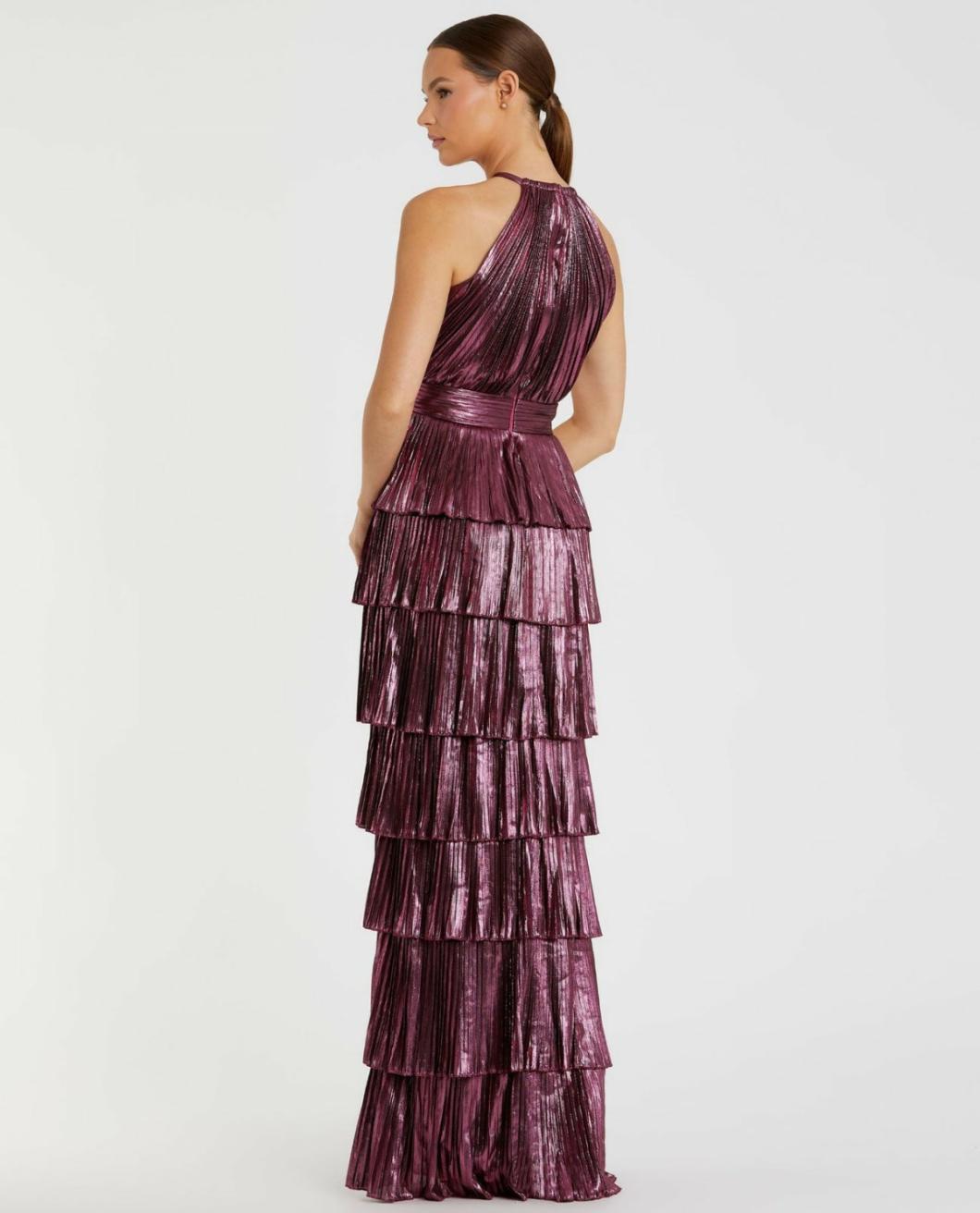 Evening Gowns | Women Mac Duggal High Neck Heat Pleated Tiered Ruffle Metallic Dress Rose