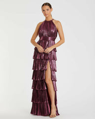 Evening Gowns | Women Mac Duggal High Neck Heat Pleated Tiered Ruffle Metallic Dress Rose