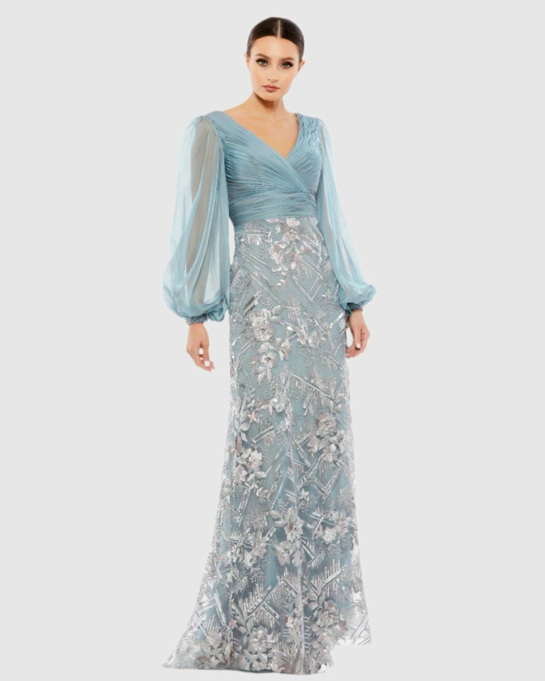 Evening Gowns | Women Mac Duggal Illusion Puff Sleeve Pleated Bodice Embellished Gown Slate Blue
