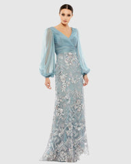 Evening Gowns | Women Mac Duggal Illusion Puff Sleeve Pleated Bodice Embellished Gown Slate Blue