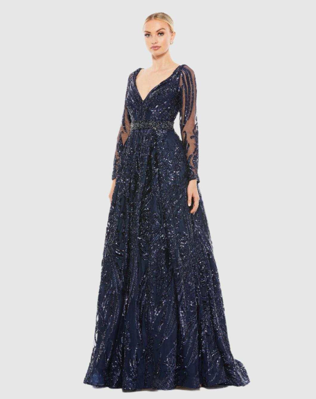 Evening Gowns | Women Mac Duggal Long Sleeve Embellished Evening Gown Midnight