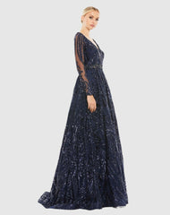 Evening Gowns | Women Mac Duggal Long Sleeve Embellished Evening Gown Midnight