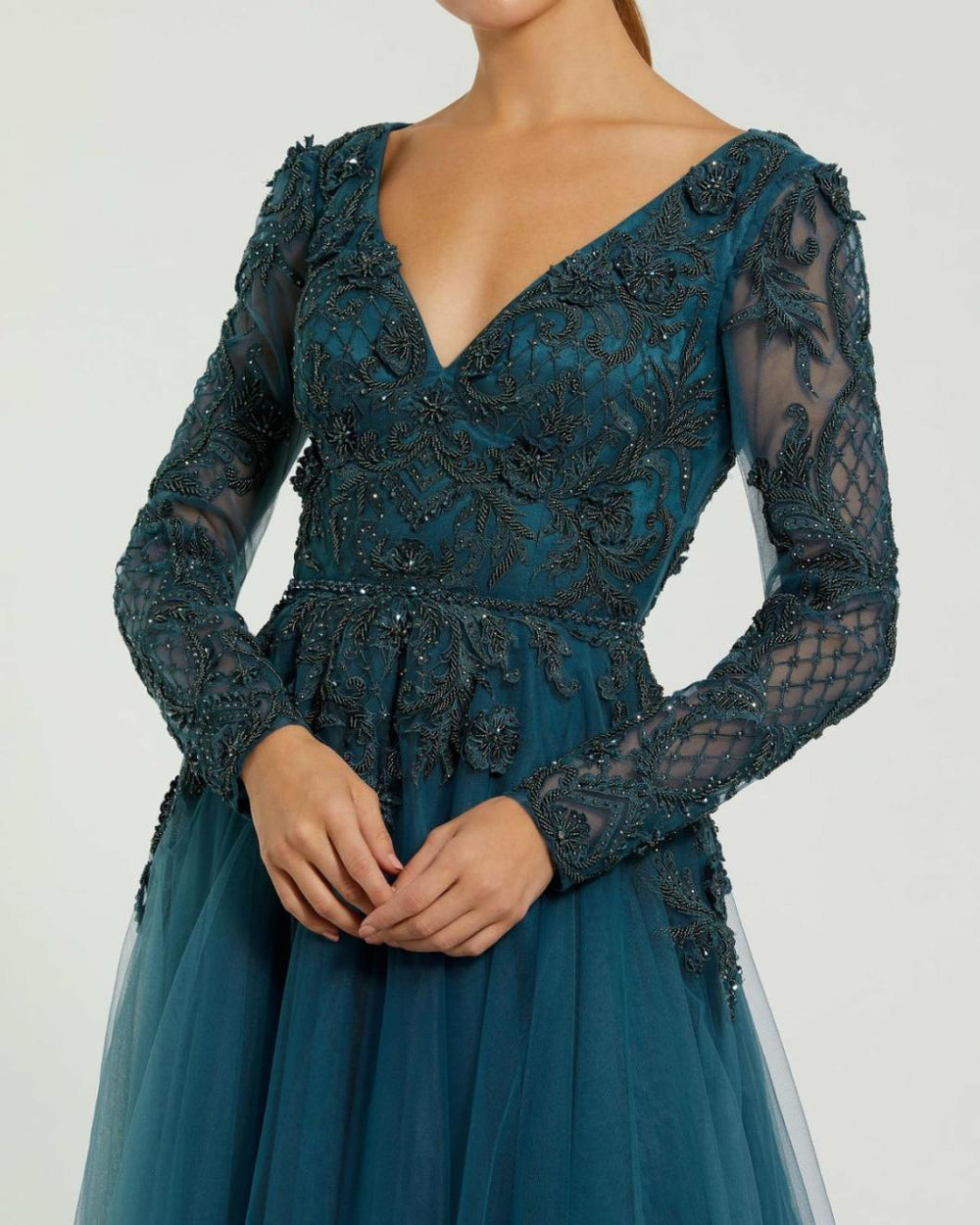 Evening Gowns | Women Mac Duggal Long Sleeve Embellished Tulle Gown Teal