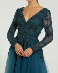 Evening Gowns | Women Mac Duggal Long Sleeve Embellished Tulle Gown Teal