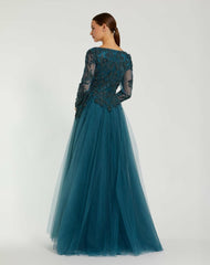 Evening Gowns | Women Mac Duggal Long Sleeve Embellished Tulle Gown Teal
