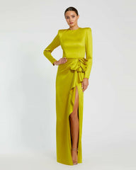 Evening Gowns | Women Mac Duggal Long Sleeve Structured Bow Draped Gown Chartreuse