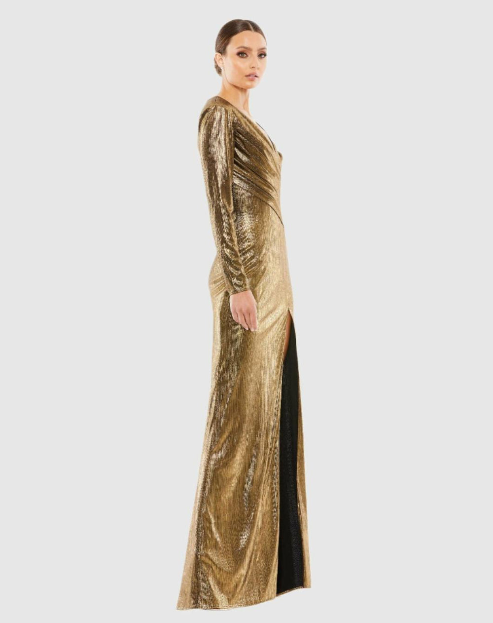 Evening Gowns | Women Mac Duggal Metallic Long Sleeve Asymmetrical Ruched Gown Gold