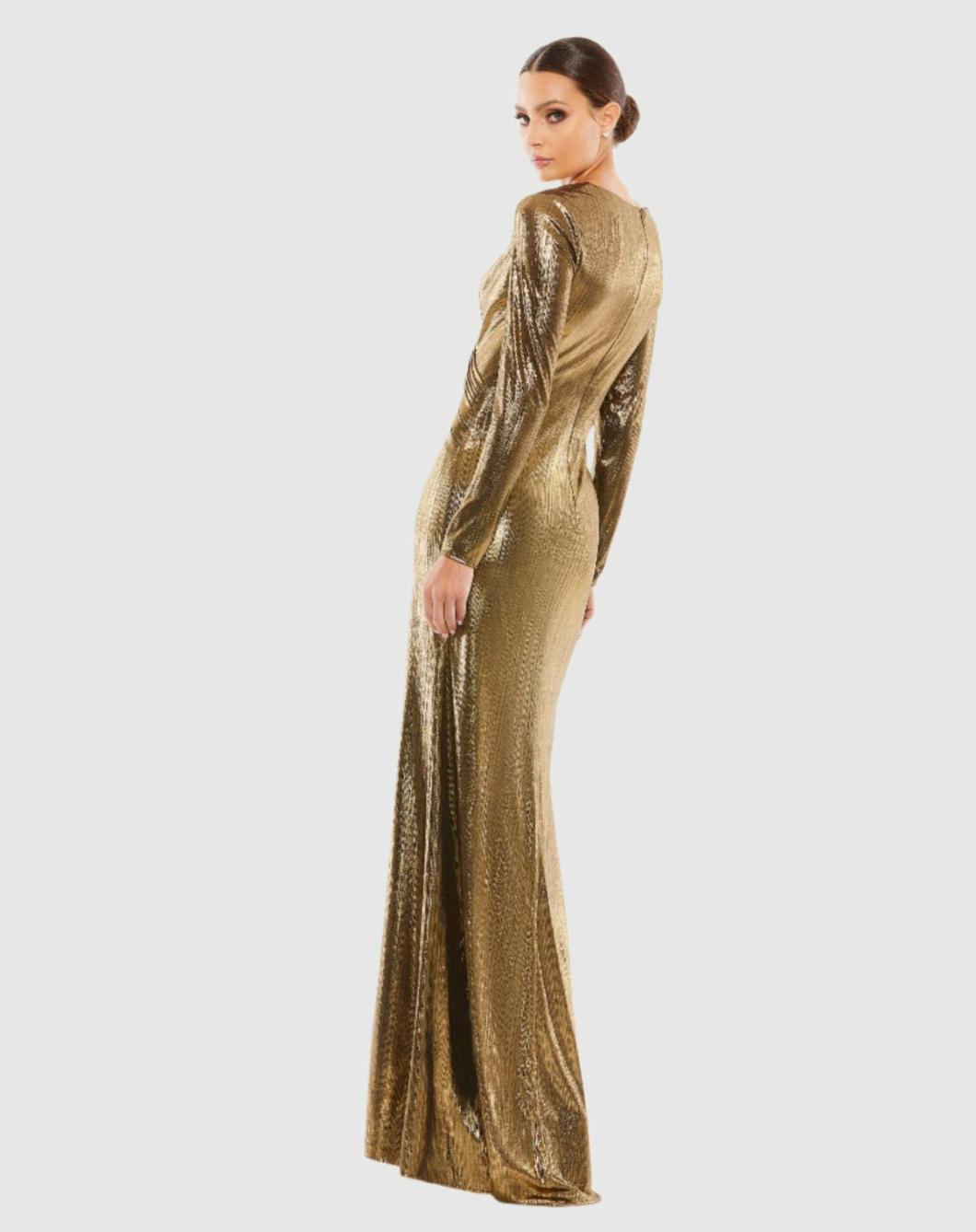 Evening Gowns | Women Mac Duggal Metallic Long Sleeve Asymmetrical Ruched Gown Gold