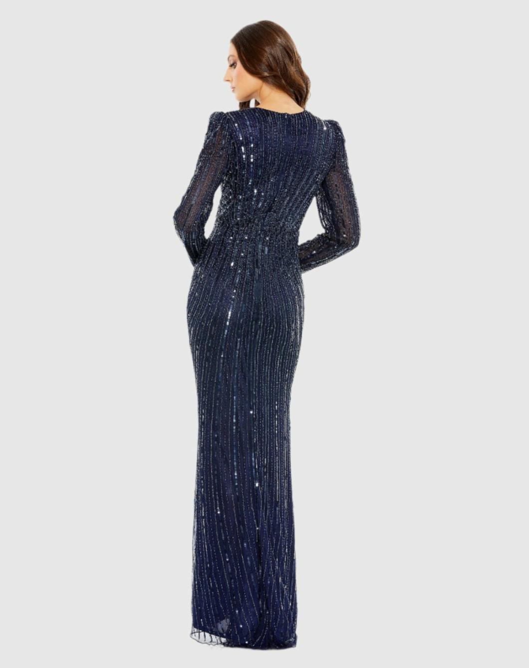 Evening Gowns | Women Mac Duggal Navy Embellished Puff Sleeve Side Knot Gown Navy