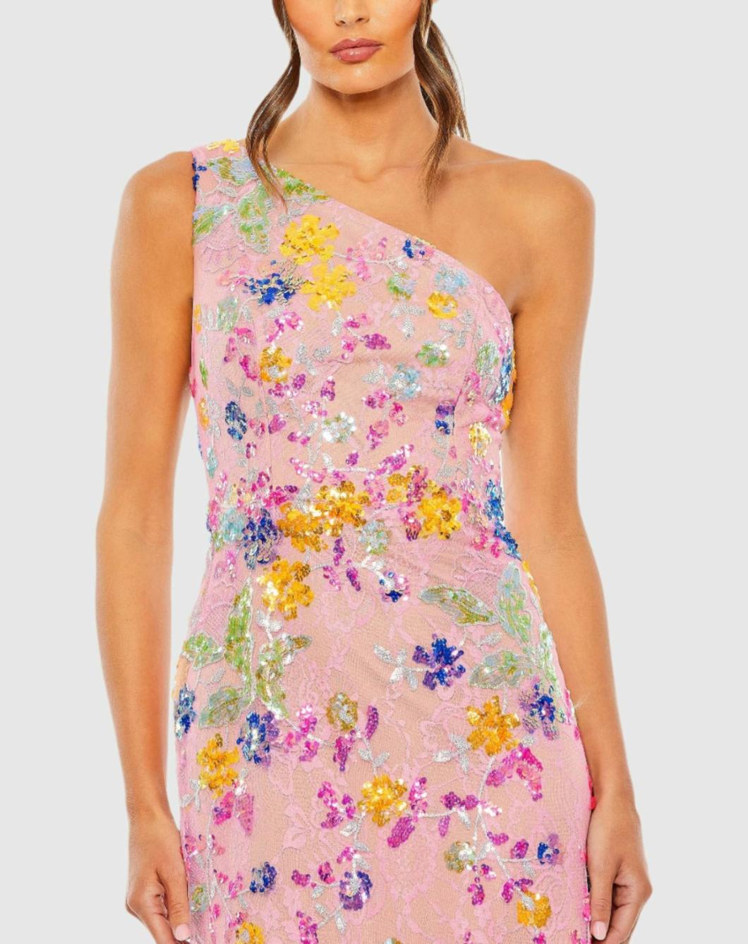 Evening Gowns | Women Mac Duggal One Shoulder Floral Sequin Lace Up Gown Pink Multi