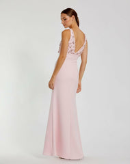 Evening Gowns | Women Mac Duggal Pink Crepe Sleeveless Beaded V Neck Gown With Bow Blush