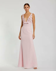 Evening Gowns | Women Mac Duggal Pink Crepe Sleeveless Beaded V Neck Gown With Bow Blush