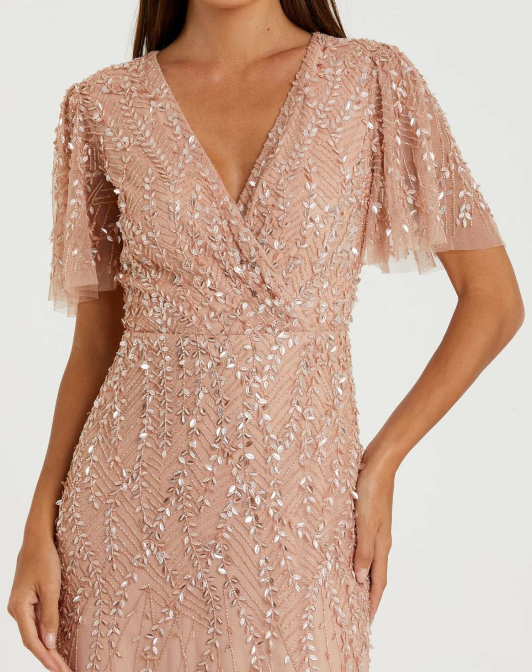 Evening Gowns | Women Mac Duggal Pink Embellished Flutter Sleeve Gown Nude
