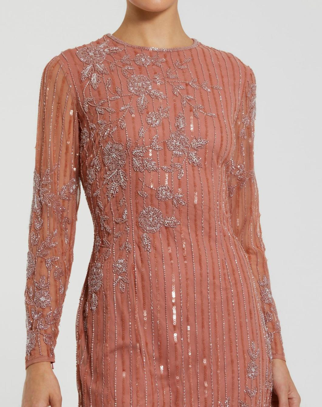 Evening Gowns | Women Mac Duggal Pink Embellished High Neck Illusion Long Sleeve Gown Rose