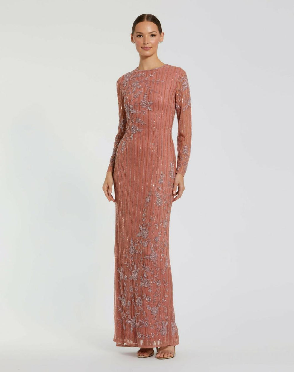 Evening Gowns | Women Mac Duggal Pink Embellished High Neck Illusion Long Sleeve Gown Rose