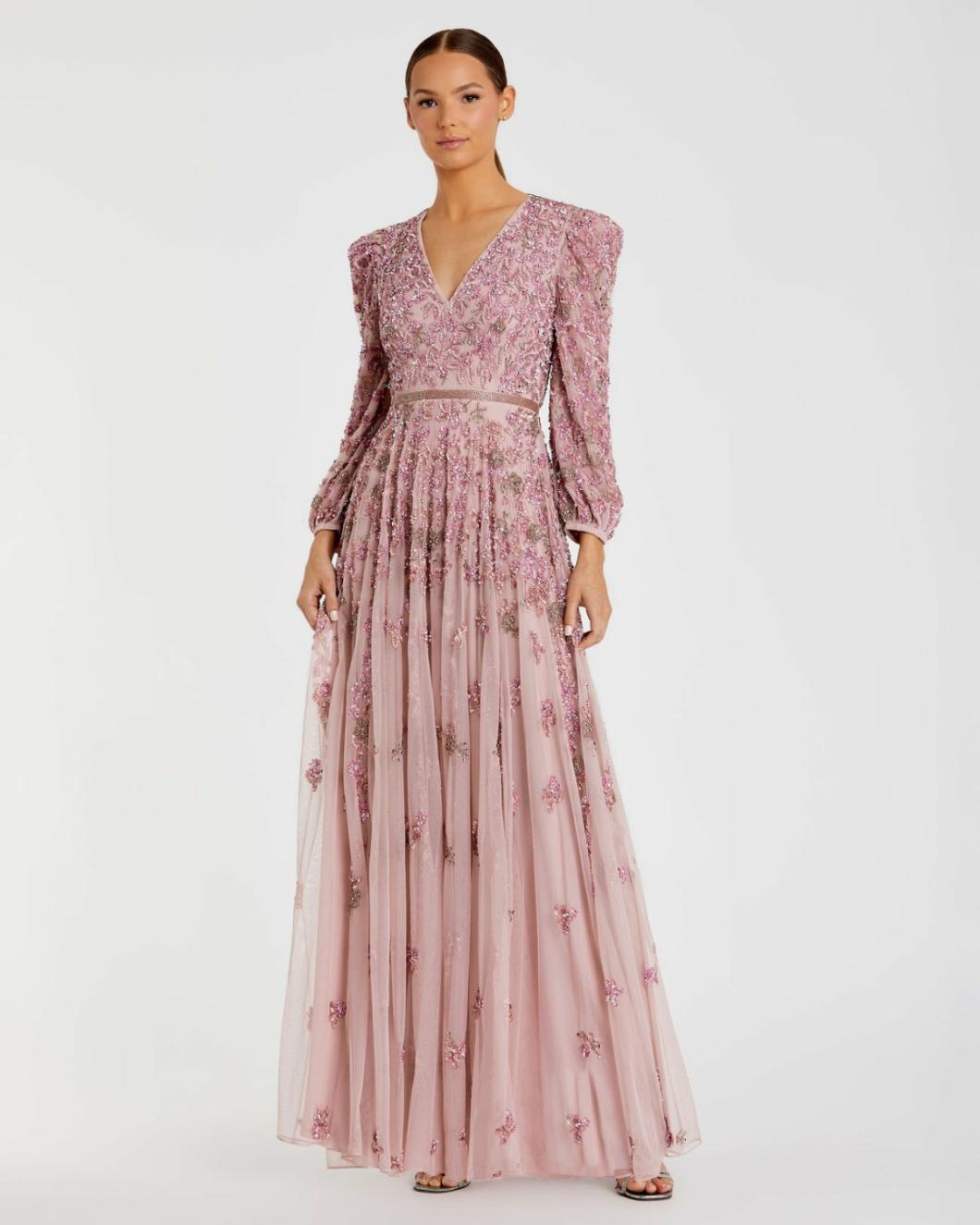 Evening Gowns | Women Mac Duggal Pink Embellished V Neck 3/4 Sleeve A Line Gown Rose