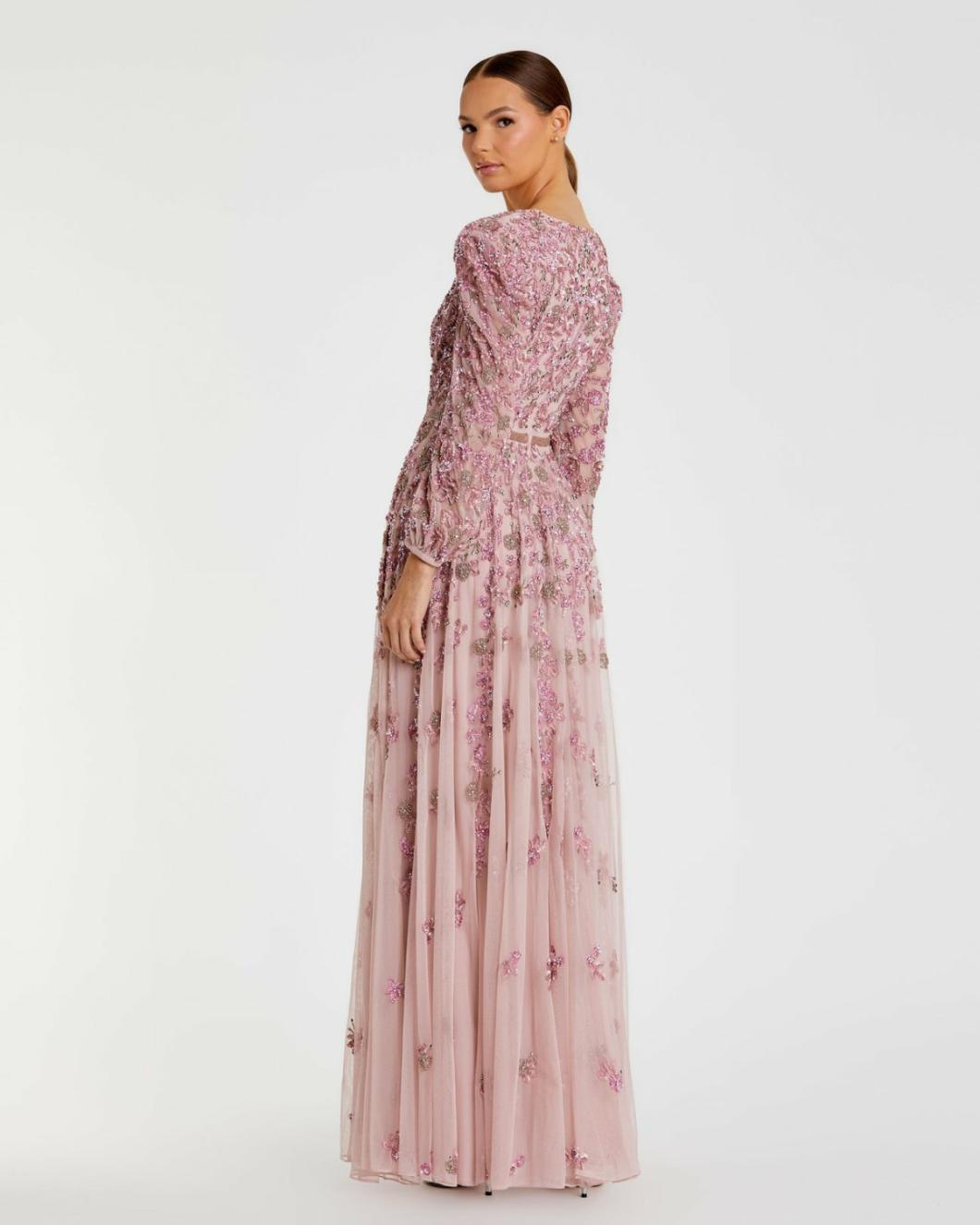 Evening Gowns | Women Mac Duggal Pink Embellished V Neck 3/4 Sleeve A Line Gown Rose