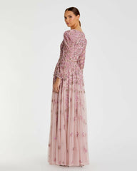 Evening Gowns | Women Mac Duggal Pink Embellished V Neck 3/4 Sleeve A Line Gown Rose
