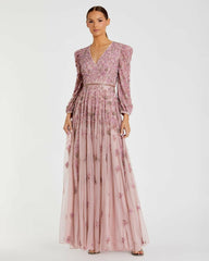 Evening Gowns | Women Mac Duggal Pink Embellished V Neck 3/4 Sleeve A Line Gown Rose