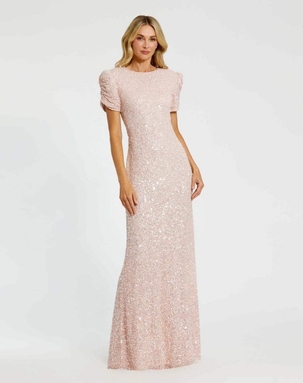 Evening Gowns | Women Mac Duggal Pink Gathered Short Sleeve Beaded Gown Blush