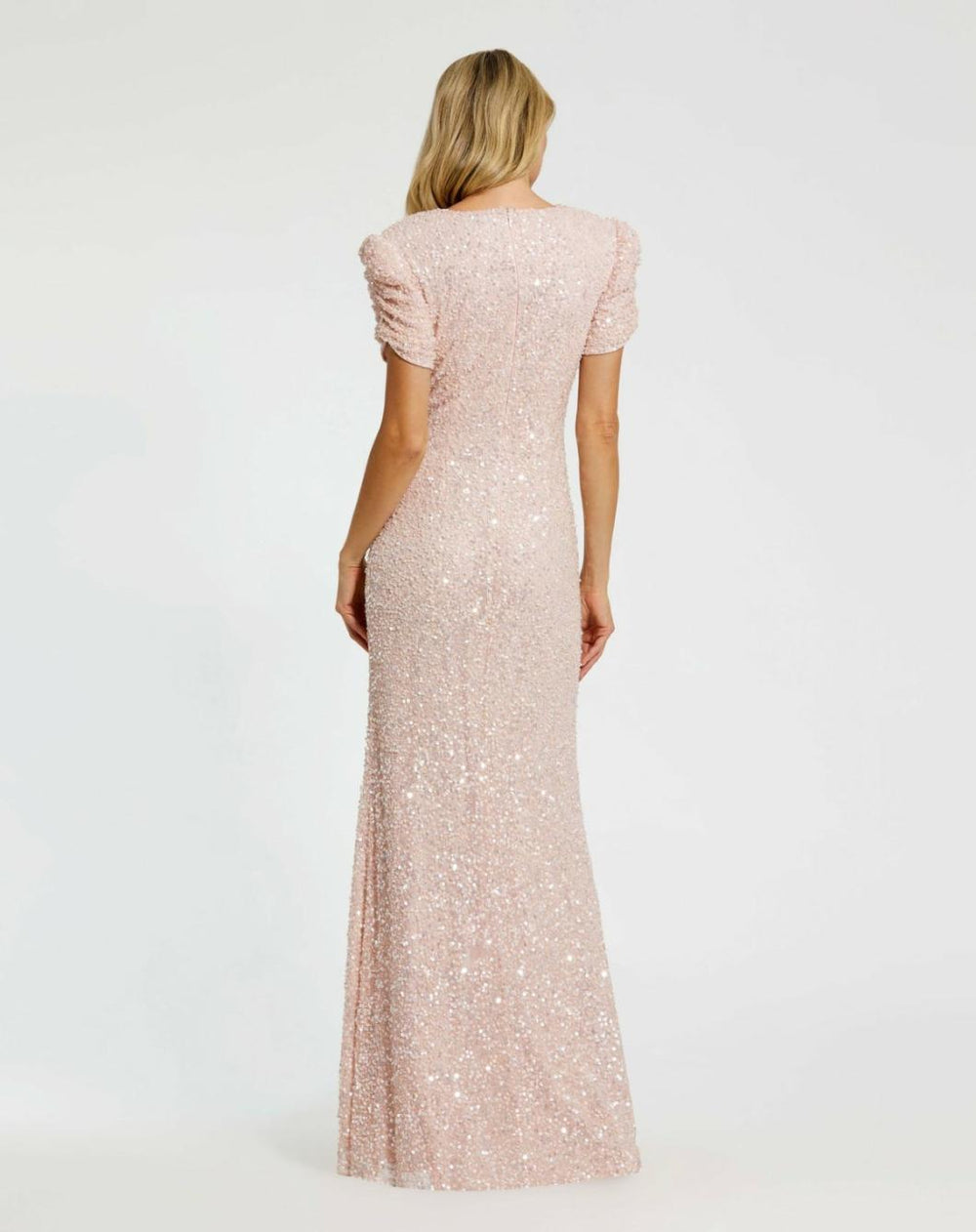 Evening Gowns | Women Mac Duggal Pink Gathered Short Sleeve Beaded Gown Blush