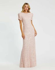 Evening Gowns | Women Mac Duggal Pink Gathered Short Sleeve Beaded Gown Blush