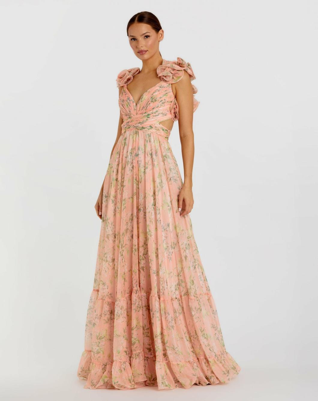 Evening Gowns | Women Mac Duggal Pink Ruffle Tiered Floral Cut-Out Chiffon Gown Pink Multi