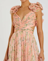 Evening Gowns | Women Mac Duggal Pink Ruffle Tiered Floral Cut-Out Chiffon Gown Pink Multi