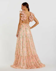 Evening Gowns | Women Mac Duggal Pink Ruffle Tiered Floral Cut-Out Chiffon Gown Pink Multi