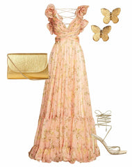 Evening Gowns | Women Mac Duggal Pink Ruffle Tiered Floral Cut-Out Chiffon Gown Pink Multi