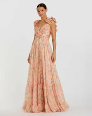 Evening Gowns | Women Mac Duggal Pink Ruffle Tiered Floral Cut-Out Chiffon Gown Pink Multi