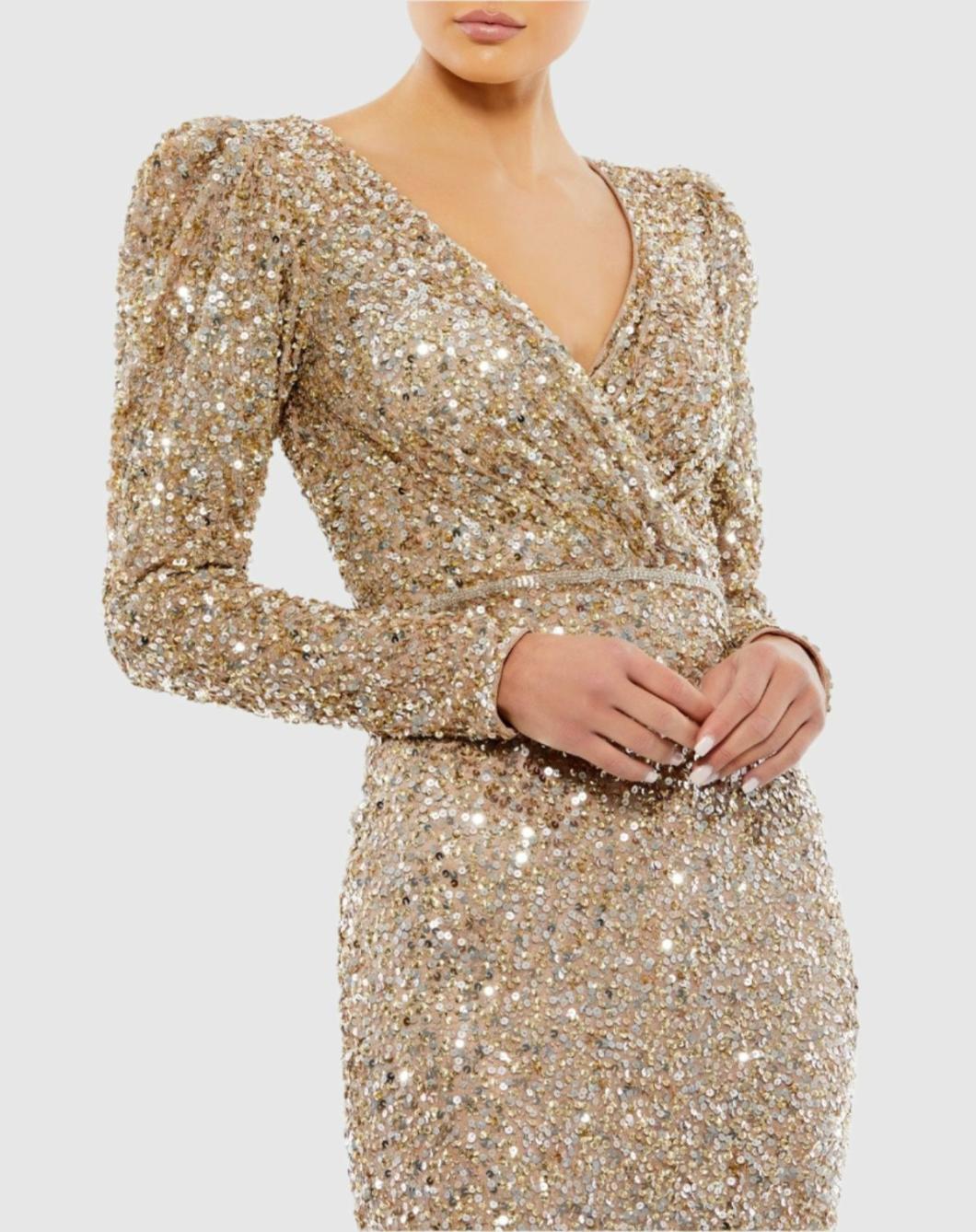 Evening Gowns | Women Mac Duggal Puff Shoulder Sequined Surplice Gown Shimmering Gold