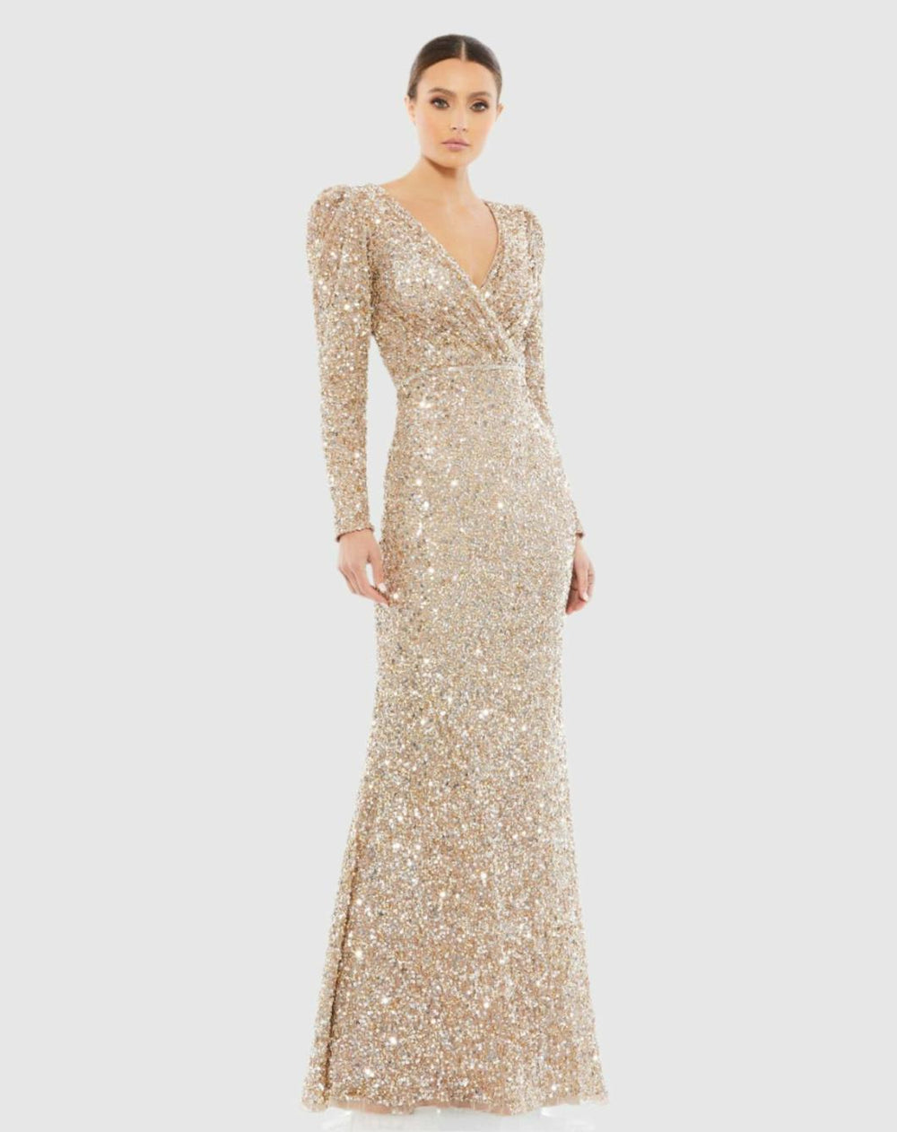 Evening Gowns | Women Mac Duggal Puff Shoulder Sequined Surplice Gown Shimmering Gold