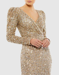 Evening Gowns | Women Mac Duggal Puff Shoulder Sequined Surplice Gown Shimmering Gold