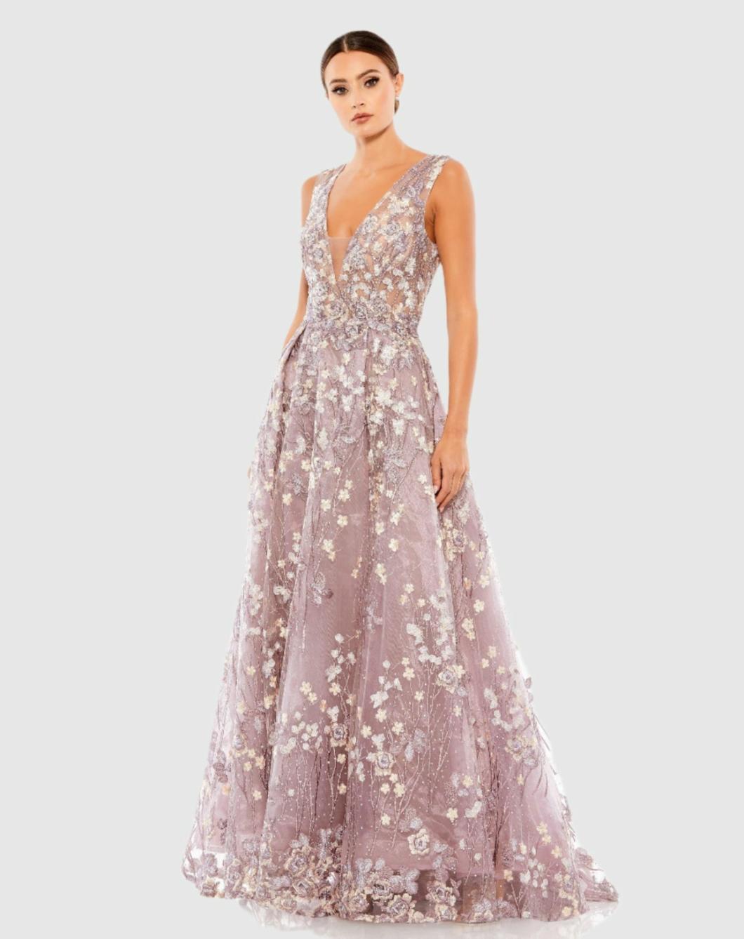Evening Gowns | Women Mac Duggal Purple Floral Embroidered Illusion V-Neck Gown Lilac