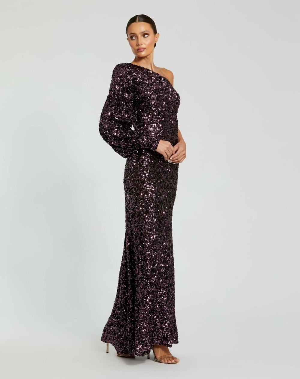 Evening Gowns | Women Mac Duggal Purple Sequined One Shoulder Bishop Sleeve Trumpet Gown Aubergine