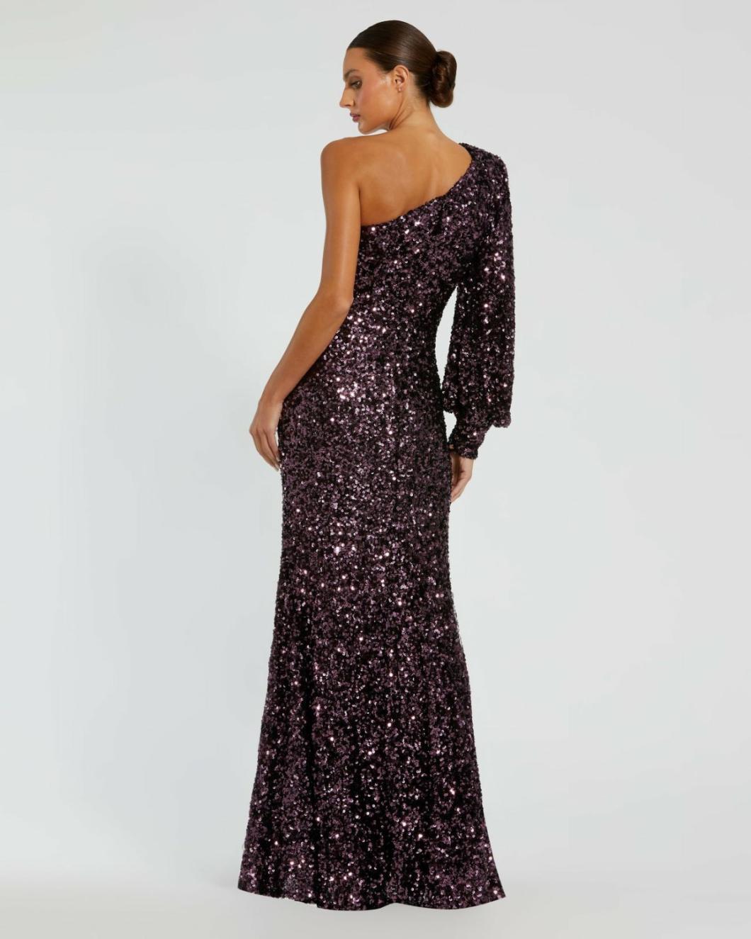 Evening Gowns | Women Mac Duggal Purple Sequined One Shoulder Bishop Sleeve Trumpet Gown Aubergine