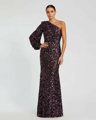 Evening Gowns | Women Mac Duggal Purple Sequined One Shoulder Bishop Sleeve Trumpet Gown Aubergine