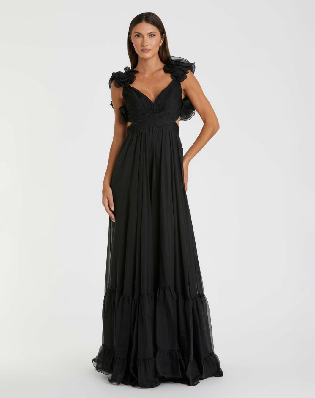 Evening Gowns | Women Mac Duggal Ruffle Tiered Cut-Out Chiffon Gown Black