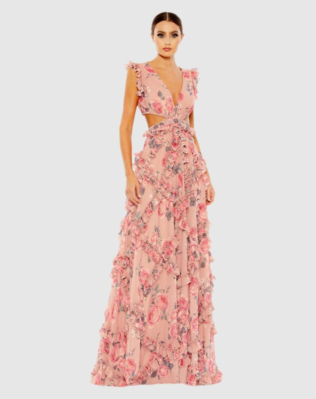 Evening Gowns | Women Mac Duggal Ruffled Cut Out Cap Sleeve V Neck Gown Rose Multi