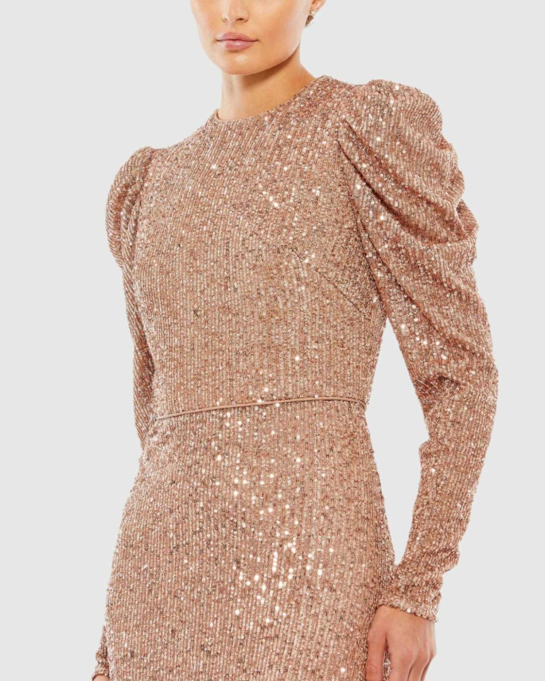 Evening Gowns | Women Mac Duggal Sequined High Neck Puff Long Sleeve Column Gown Copper