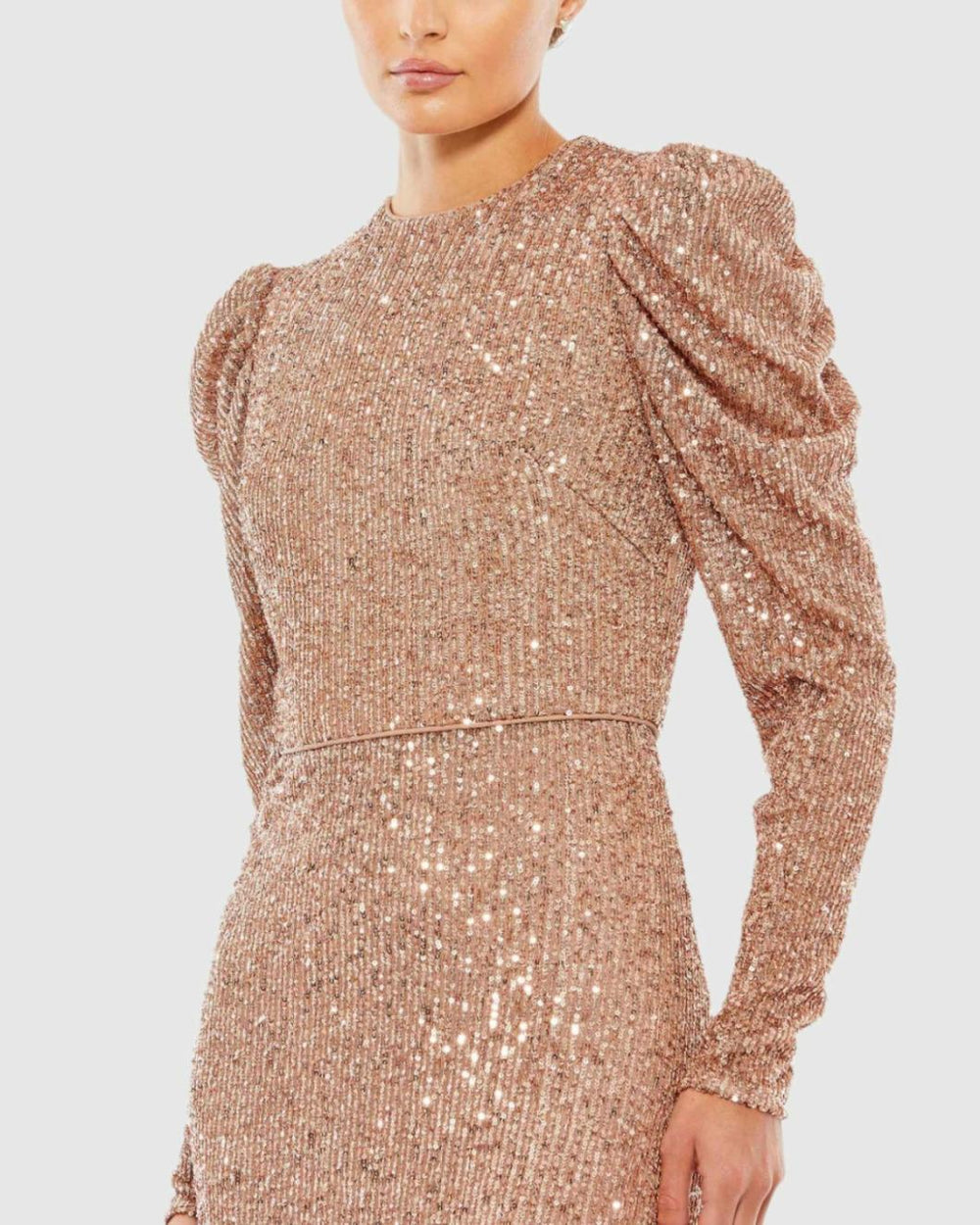 Evening Gowns | Women Mac Duggal Sequined High Neck Puff Long Sleeve Column Gown Copper