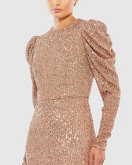 Evening Gowns | Women Mac Duggal Sequined High Neck Puff Long Sleeve Column Gown Copper