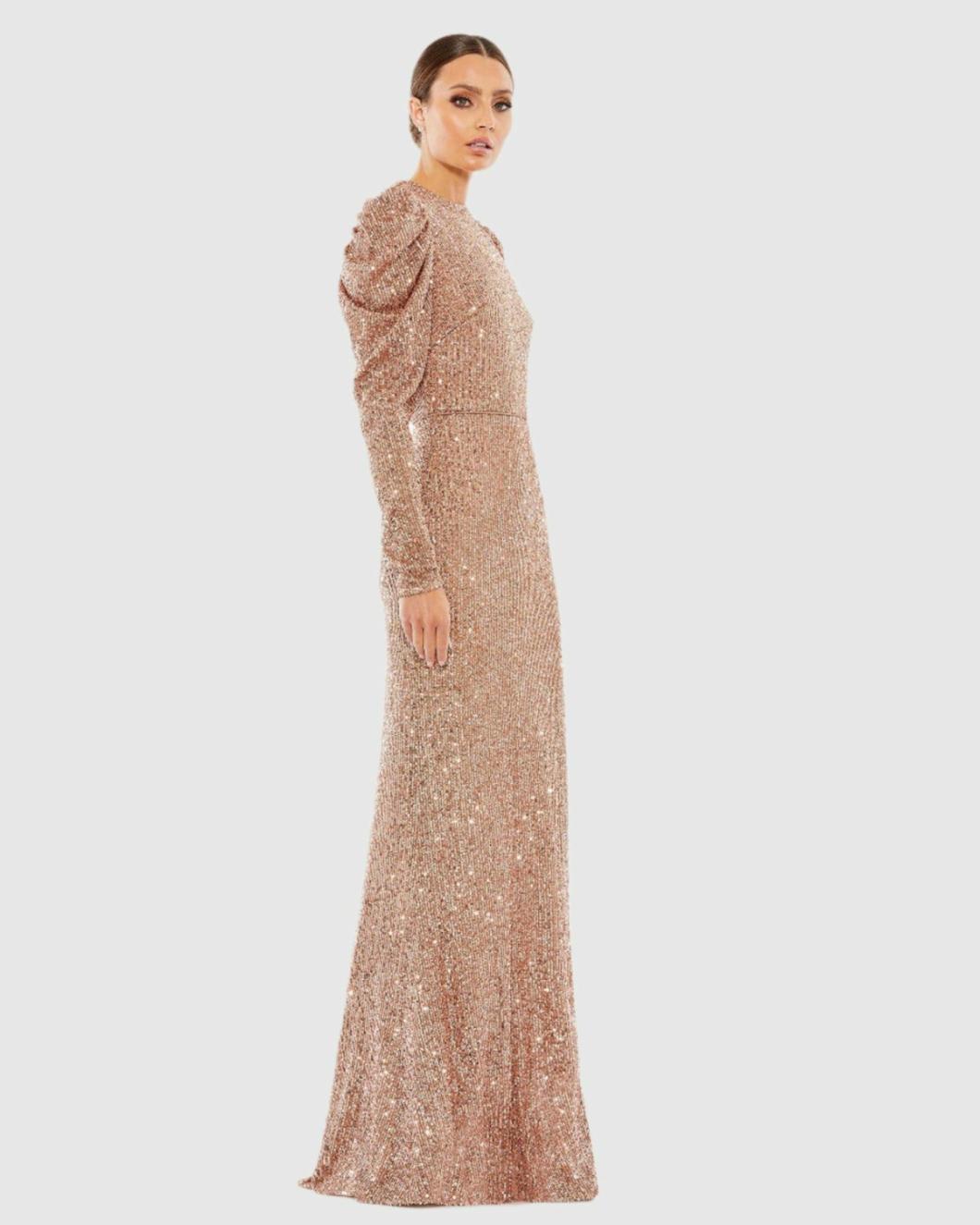 Evening Gowns | Women Mac Duggal Sequined High Neck Puff Long Sleeve Column Gown Copper