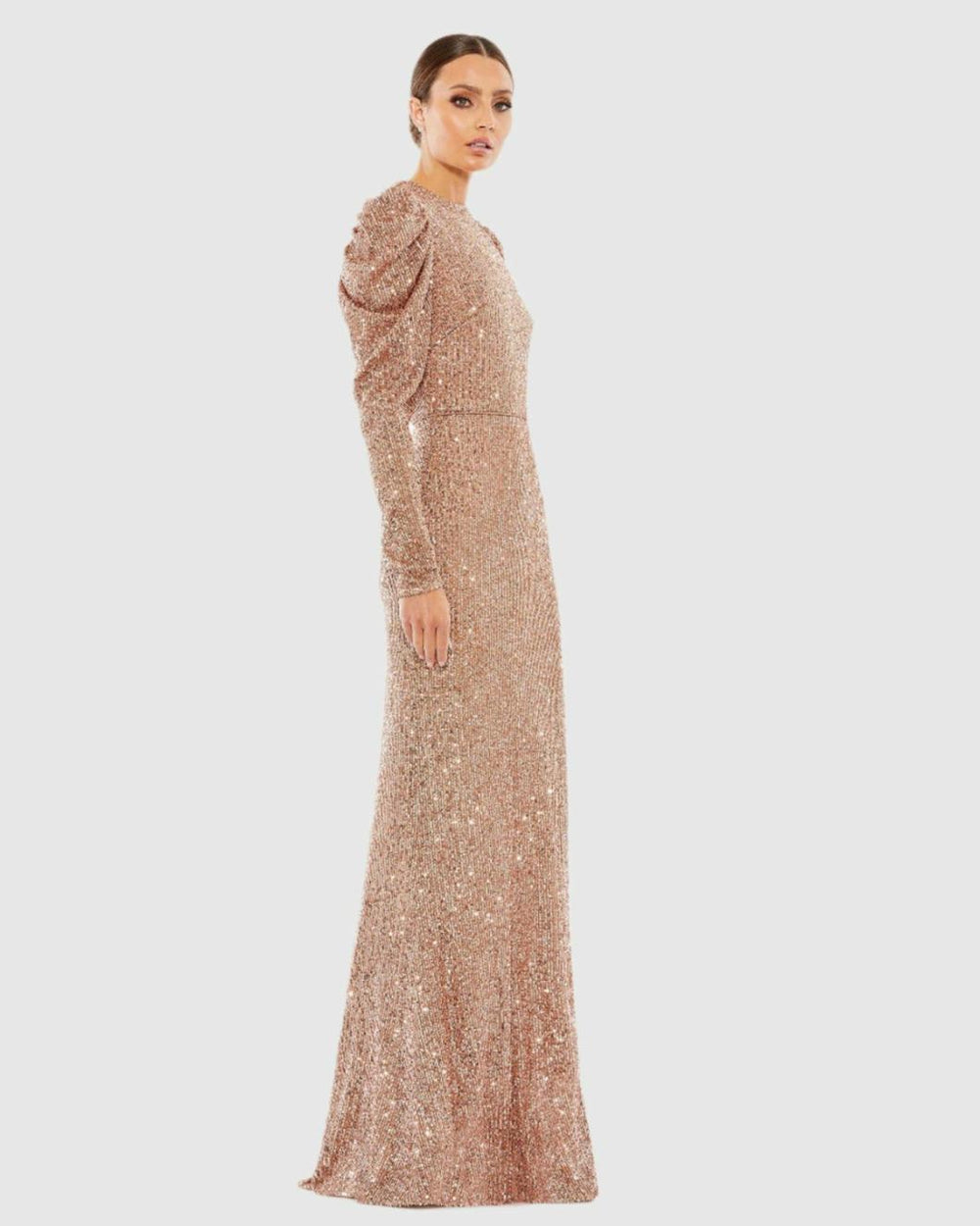 Evening Gowns | Women Mac Duggal Sequined High Neck Puff Long Sleeve Column Gown Copper