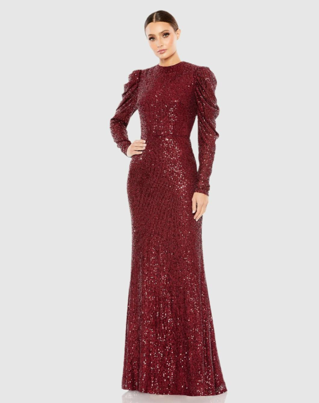 Evening Gowns | Women Mac Duggal Sequined High Neck Puff Long Sleeve Column Gown Copper