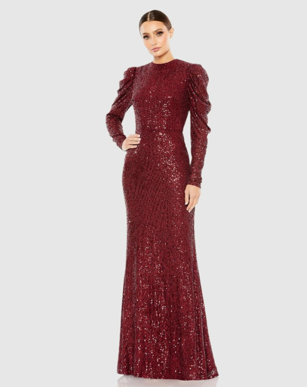 Evening Gowns | Women Mac Duggal Sequined High Neck Puff Long Sleeve Column Gown Copper