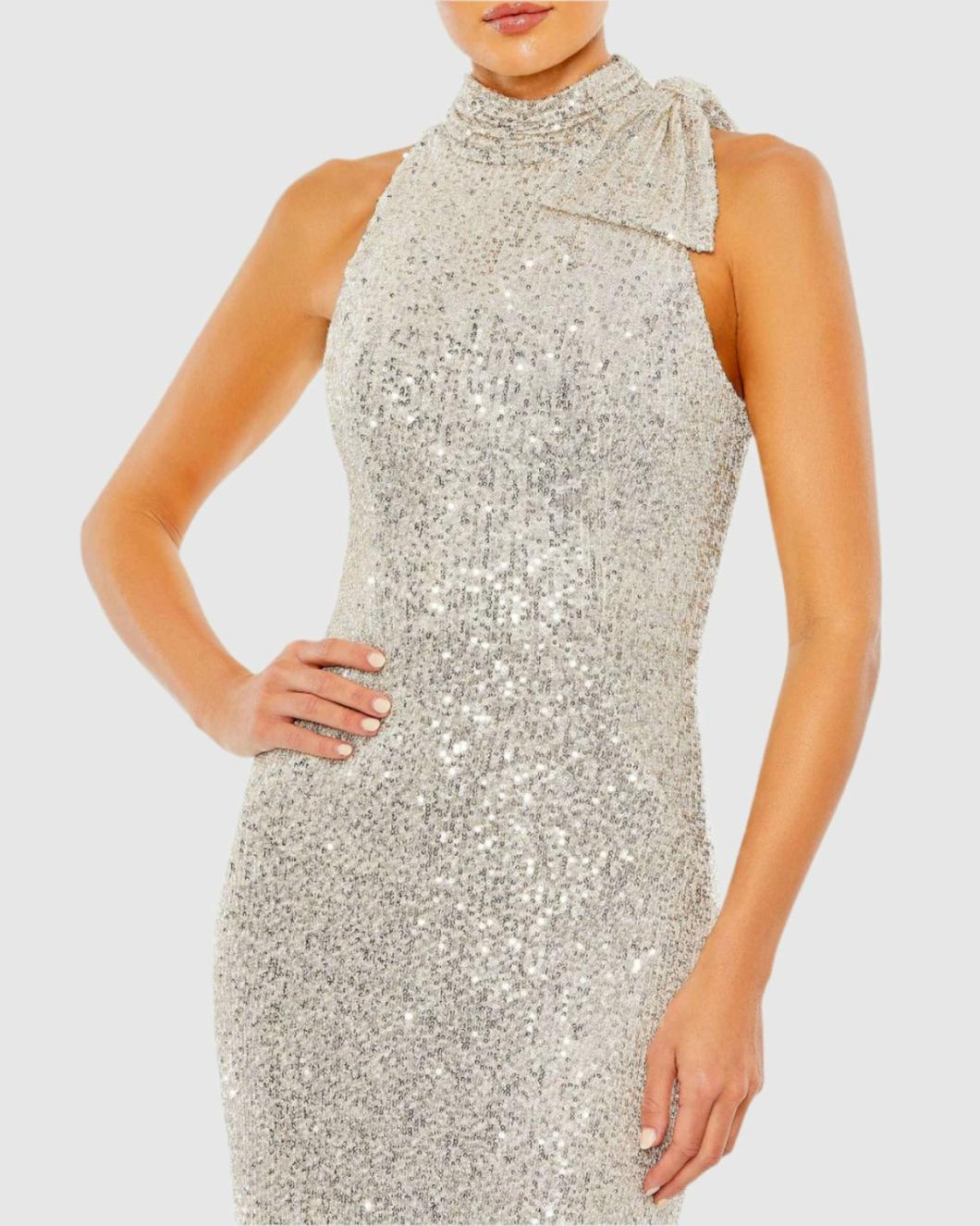 Evening Gowns | Women Mac Duggal Sequined Soft Tie Halter Neck Column Gown Teal