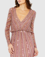 Evening Gowns | Women Mac Duggal Sequined V Neck Long Sleeve Column Gown Rosewood
